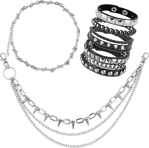 6PCS Punk Style Jewelry Set with 1 Necklace, 4 Leather Studded Bracelets, 1 Pants Chain for Men Women, Gothic Rocker Grunge Accessories, 80s 90s Outfits in Saudi Arabia