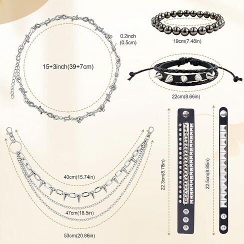 6PCS Punk Style Jewelry Set with 1 Necklace, 4 Leather Studded Bracelets, 1 Pants Chain for Men Women, Gothic Rocker Grunge Accessories, 80s 90s Outfits in Saudi Arabia