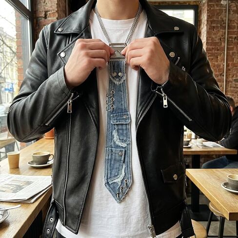 Denim Tie, Distressed Denim Necktie with Pockets, Grunge Style Metal Chain Necktie in Kuwait