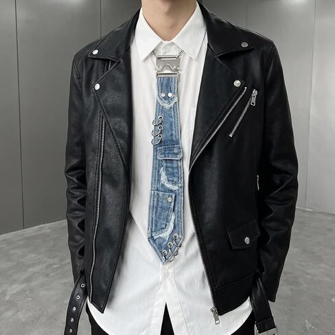 Denim Tie, Distressed Denim Necktie with Pockets, Grunge Style Metal Chain Necktie in Kuwait