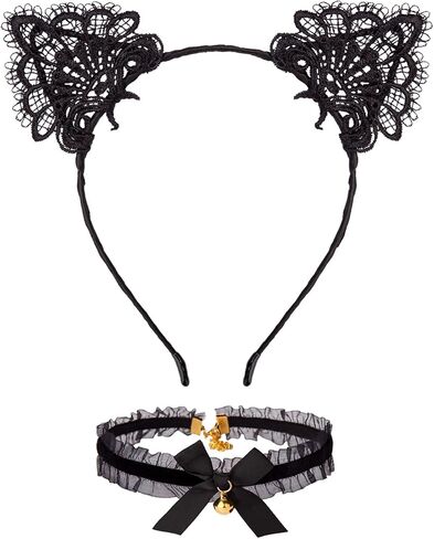 JIALWEN Black Lace Cat Ear Headband & Lace Collar with Gold Bell Halloween Party Costume Hair Hoop Cosplay Masquerade Dress Up Accessories in Saudi Arabia