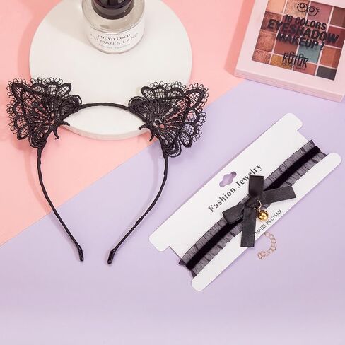JIALWEN Black Lace Cat Ear Headband & Lace Collar with Gold Bell Halloween Party Costume Hair Hoop Cosplay Masquerade Dress Up Accessories in Saudi Arabia