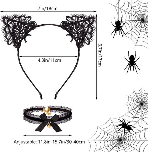 JIALWEN Black Lace Cat Ear Headband & Lace Collar with Gold Bell Halloween Party Costume Hair Hoop Cosplay Masquerade Dress Up Accessories in Saudi Arabia