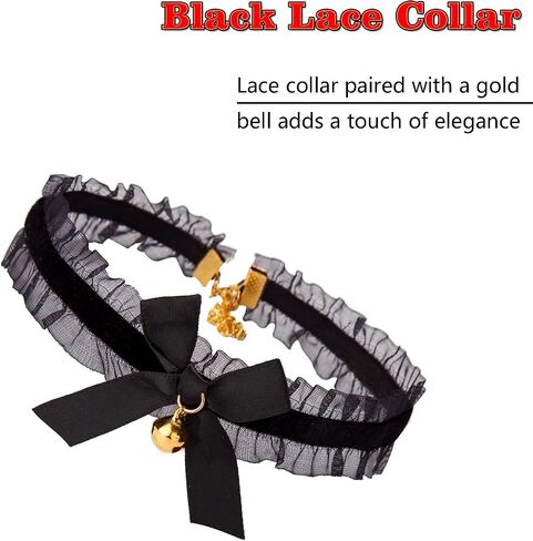 JIALWEN Black Lace Cat Ear Headband & Lace Collar with Gold Bell Halloween Party Costume Hair Hoop Cosplay Masquerade Dress Up Accessories in Saudi Arabia