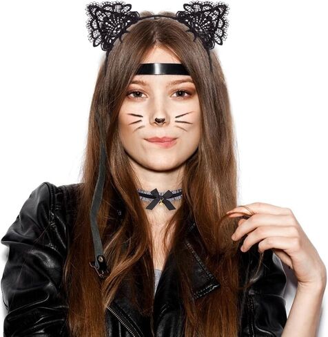 JIALWEN Black Lace Cat Ear Headband & Lace Collar with Gold Bell Halloween Party Costume Hair Hoop Cosplay Masquerade Dress Up Accessories in Saudi Arabia