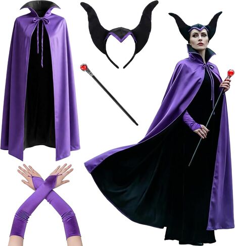 Halloween Evil Queen Costume Women, Wicked Villain Outfit Cape Horns Staff Wand Gloves Purple Black Cosplay Dark Fantasy Dress Up in Saudi Arabia