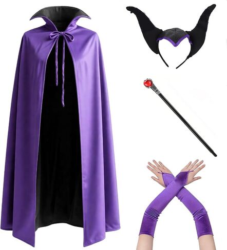 Halloween Evil Queen Costume Women, Wicked Villain Outfit Cape Horns Staff Wand Gloves Purple Black Cosplay Dark Fantasy Dress Up in Saudi Arabia