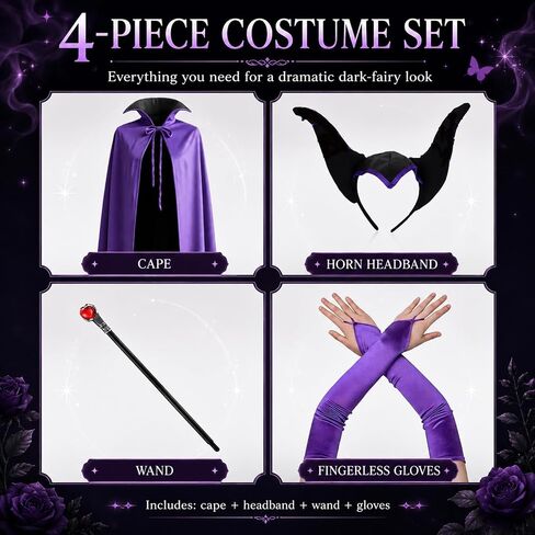 Halloween Evil Queen Costume Women, Wicked Villain Outfit Cape Horns Staff Wand Gloves Purple Black Cosplay Dark Fantasy Dress Up in Saudi Arabia