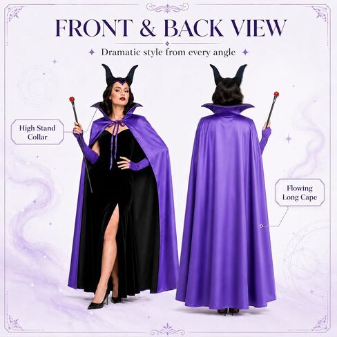 Halloween Evil Queen Costume Women, Wicked Villain Outfit Cape Horns Staff Wand Gloves Purple Black Cosplay Dark Fantasy Dress Up in Saudi Arabia