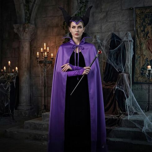 Halloween Evil Queen Costume Women, Wicked Villain Outfit Cape Horns Staff Wand Gloves Purple Black Cosplay Dark Fantasy Dress Up in Saudi Arabia