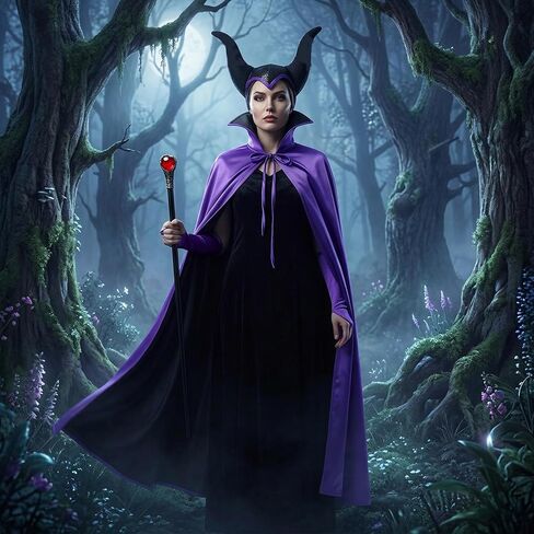 Halloween Evil Queen Costume Women, Wicked Villain Outfit Cape Horns Staff Wand Gloves Purple Black Cosplay Dark Fantasy Dress Up in Saudi Arabia