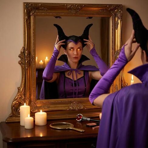 Halloween Evil Queen Costume Women, Wicked Villain Outfit Cape Horns Staff Wand Gloves Purple Black Cosplay Dark Fantasy Dress Up in Saudi Arabia
