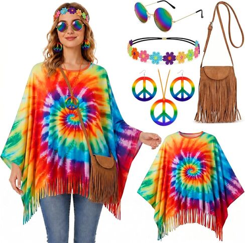 6PCS Hippie Costume for Women - 60s 70s Outfits Tie Dye Poncho with Accessories Set, Hippy Clothes for Halloween in Saudi Arabia