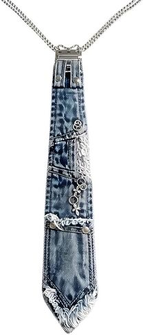 Denim Tie, Distressed Denim Necktie with Pockets, Grunge Style Metal Chain Necktie in Kuwait