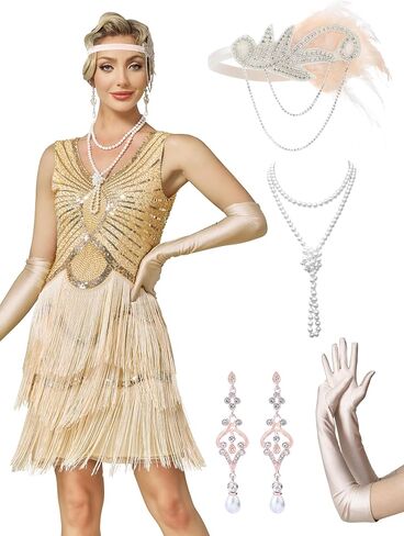 MTITE Women’s Flapper Dress 1920s for Women, Great Gatsby Dress V-Neck Evening Sequin Beaded Fringed with 20s Accessories in Saudi Arabia