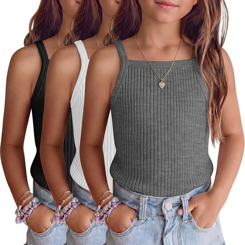 3 Pack Girls Tank Tops Spaghetti Strap Toddler Sleeveless Camisole Undershirts Ribbed Knit Casual Basic Cami Tops in Kuwait