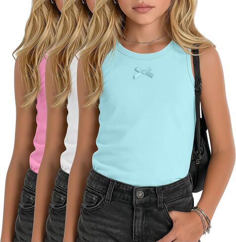 3 Pack Girl's Tank Tops Kids Sleeveless Crew Neck Slim Fit Undershirts Tween Summer Cute Bow Casual Tees 5-14 Years in Kuwait