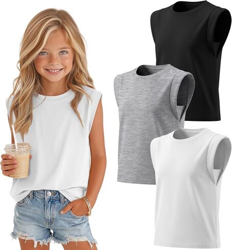 3 Pack Girls' Tank Tops Cap Sleeves Summer T Shirt Sleeveless Loose Fit Crewneck Cute Athletic Tank 5-14 Years in Kuwait