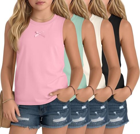 4 Pack Girl's Tank Tops Crew Neck Sleeveless Summer Basic Shirts Casual Cute Tanks 5-16 Years in Kuwait