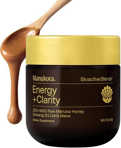 Manukora Energy + Clarity Supplement, Ginseng, Lion's Mane & Green Tea Extract with Manuka Honey, Supports Focus, Cognitive Clarity, Energy & Improved Absorption, 3rd-Party Tested, Non-GMO, 225g Jar in Saudi Arabia
