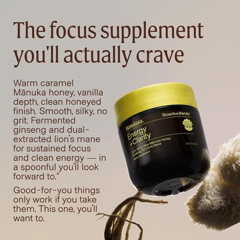 Manukora Energy + Clarity Supplement, Ginseng, Lion's Mane & Green Tea Extract with Manuka Honey, Supports Focus, Cognitive Clarity, Energy & Improved Absorption, 3rd-Party Tested, Non-GMO, 225g Jar in Saudi Arabia