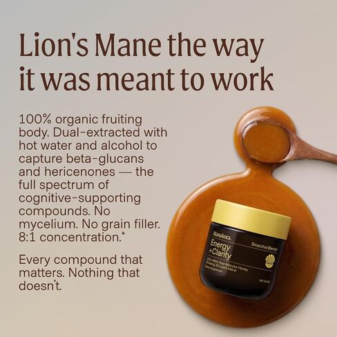Manukora Energy + Clarity Supplement, Ginseng, Lion's Mane & Green Tea Extract with Manuka Honey, Supports Focus, Cognitive Clarity, Energy & Improved Absorption, 3rd-Party Tested, Non-GMO, 225g Jar in Saudi Arabia