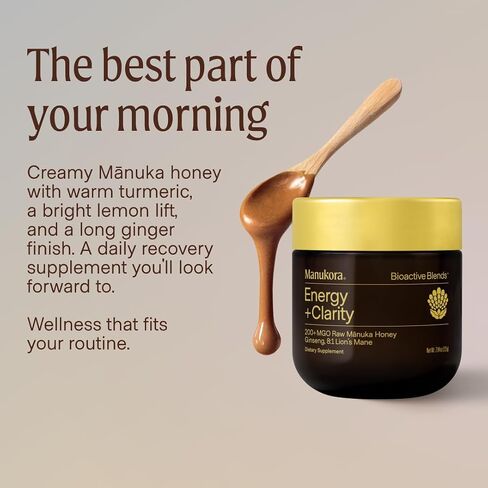 Manukora Energy + Clarity Supplement, Ginseng, Lion's Mane & Green Tea Extract with Manuka Honey, Supports Focus, Cognitive Clarity, Energy & Improved Absorption, 3rd-Party Tested, Non-GMO, 225g Jar in Saudi Arabia