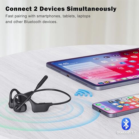 Open Ear Headphones with Mic, Bluetooth Headset with Microphone, AI Noise Cancelling Multipoint Connect Bluetooth 5.3 Headset, Sweatproof Wireless Headset for Work, Driving, Running, Workouts in Kuwait