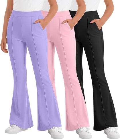 3 Pack Girls' Flare Leggings Pants Kids High Waist Bell Bottoms Bootcut Dance School Pants with Pockets 5-14 Years in Kuwait