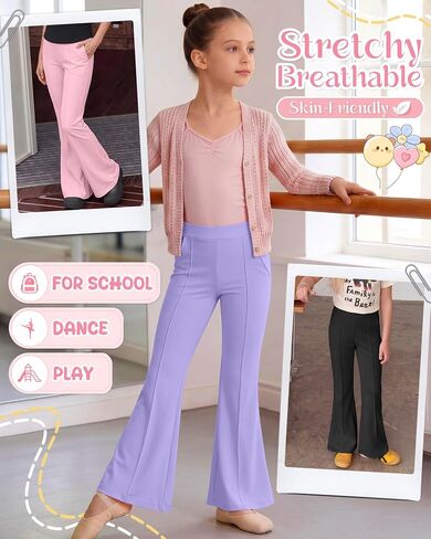 3 Pack Girls' Flare Leggings Pants Kids High Waist Bell Bottoms Bootcut Dance School Pants with Pockets 5-14 Years in Kuwait