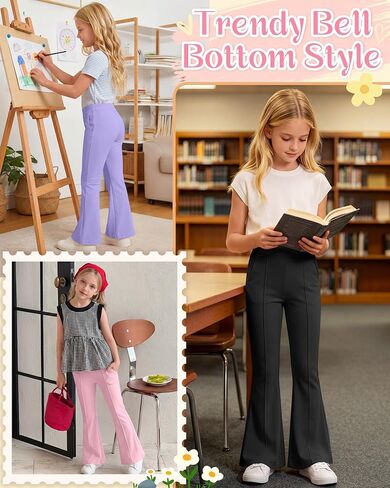 3 Pack Girls' Flare Leggings Pants Kids High Waist Bell Bottoms Bootcut Dance School Pants with Pockets 5-14 Years in Kuwait