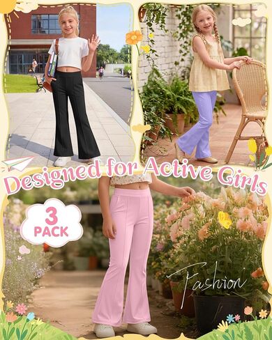 3 Pack Girls' Flare Leggings Pants Kids High Waist Bell Bottoms Bootcut Dance School Pants with Pockets 5-14 Years in Kuwait