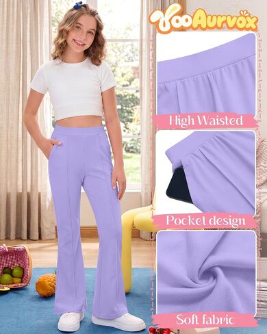 3 Pack Girls' Flare Leggings Pants Kids High Waist Bell Bottoms Bootcut Dance School Pants with Pockets 5-14 Years in Kuwait