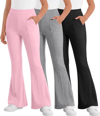 3 Pack Girls' Flare Leggings Pants Kids High Waist Bell Bottoms Bootcut Dance School Pants with Pockets 5-14 Years in Kuwait