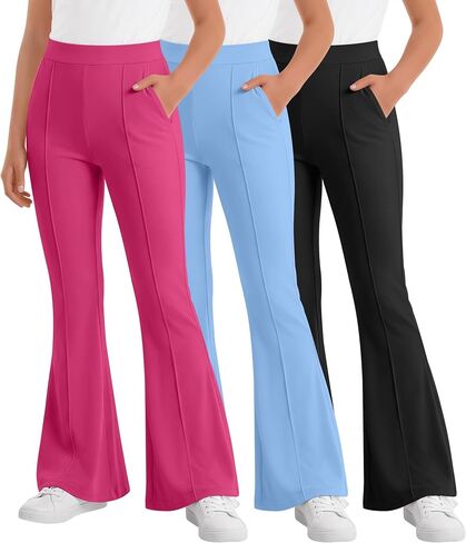 3 Pack Girls' Flare Leggings Pants Kids High Waist Bell Bottoms Bootcut Dance School Pants with Pockets 5-14 Years in Kuwait