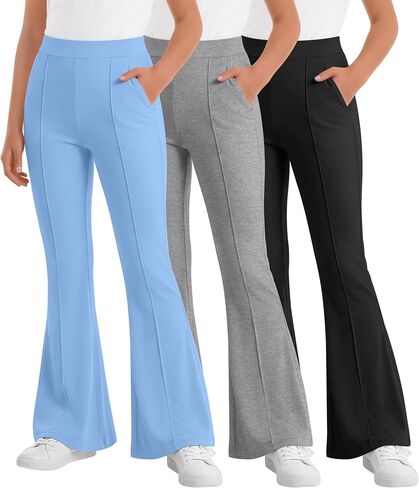 3 Pack Girls' Flare Leggings Pants Kids High Waist Bell Bottoms Bootcut Dance School Pants with Pockets 5-14 Years in Kuwait