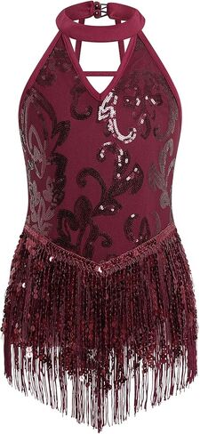AFAVOM Girls Sequin Fringe Bodysuit Sparkly Latin Hip Hop Jazz Dance Dress Halter Backless Leotard Performance Dancewear 3-12 in Kuwait