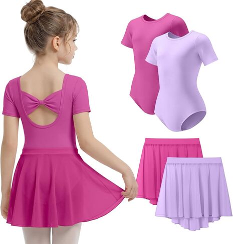2 Pack Ballet Leotards for Girls Short Sleeve Dance Dress with Removable Skirt Toddler Ballet Outfit with Bow Back in Kuwait