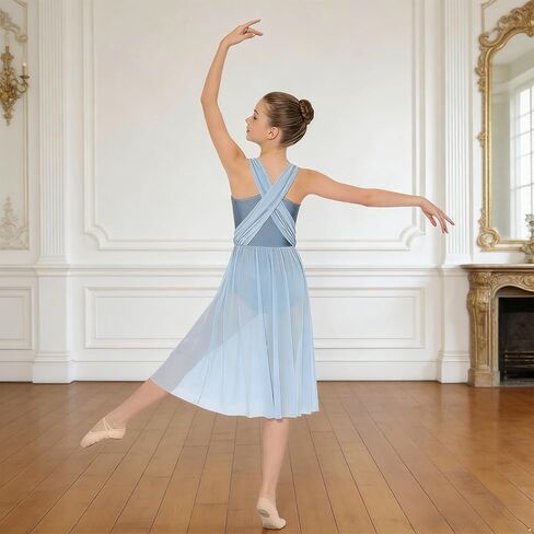 Girls Lyrical Dance Costume Contemporary Skirted Ballet Leotard Sleeveless Open Back Dance Dress Tulle Dancewear in Saudi Arabia
