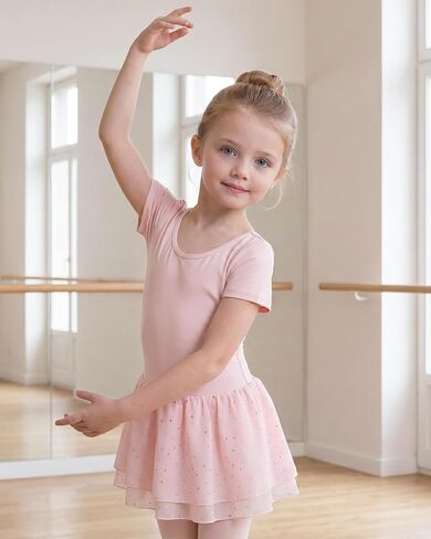 Stelle Ballet Leotards for Girls Short Sleeve Dance Leotards with Double-Layer Sequin Skirt Ballerina Costumes Dress in Kuwait