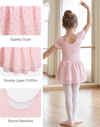 Stelle Ballet Leotards for Girls Short Sleeve Dance Leotards with Double-Layer Sequin Skirt Ballerina Costumes Dress in Kuwait