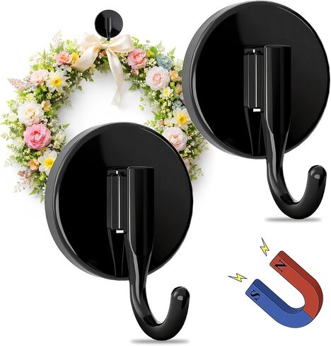 Magnetic Wreath Hangers for Front Door, 2-Pack Heavy Duty Magnetic Wreath Hooks for Metal Doors, No Drilling, No Adhesive, Indoor Outdoor Seasonal Decor, Reusable Holder, Black in Saudi Arabia