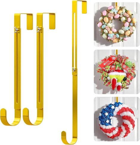 Gold Wreath Hanger for Front Door, 2 Pack Adjustable From 15-25 Inch Over The Door Hook, Ultra-Thin Heavy Duty Metal Wreath Holder for Christmas, Spring Easter Halloween Welcome Sign Decorations in Saudi Arabia