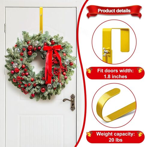 Gold Wreath Hanger for Front Door, 2 Pack Adjustable From 15-25 Inch Over The Door Hook, Ultra-Thin Heavy Duty Metal Wreath Holder for Christmas, Spring Easter Halloween Welcome Sign Decorations in Saudi Arabia