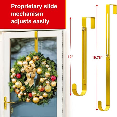 Gold Wreath Hanger for Front Door, 2 Pack Adjustable From 15-25 Inch Over The Door Hook, Ultra-Thin Heavy Duty Metal Wreath Holder for Christmas, Spring Easter Halloween Welcome Sign Decorations in Saudi Arabia