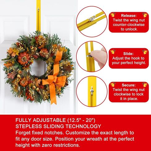Gold Wreath Hanger for Front Door, 2 Pack Adjustable From 15-25 Inch Over The Door Hook, Ultra-Thin Heavy Duty Metal Wreath Holder for Christmas, Spring Easter Halloween Welcome Sign Decorations in Saudi Arabia