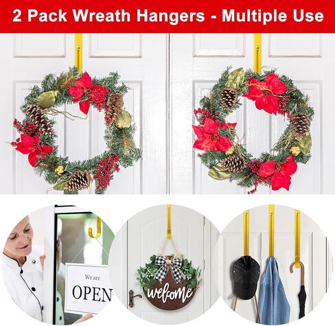 Gold Wreath Hanger for Front Door, 2 Pack Adjustable From 15-25 Inch Over The Door Hook, Ultra-Thin Heavy Duty Metal Wreath Holder for Christmas, Spring Easter Halloween Welcome Sign Decorations in Saudi Arabia