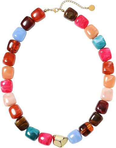 Resin Chunky Beaded Necklace for Women, Colorful Beaded Statement Necklace, Boho Beach Jewelry, Square Beads Choker Necklace, Summer Fashion Gifts for Women in Saudi Arabia