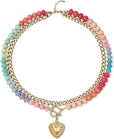 Chunky Layered Necklaces for Women, Cute Heart Pendant Colorful glass Beaded Choker Trendy Anti-Tangle Single Clasp Design Summer Vacation Beach Festival Casual Jewelry Gifts in Kuwait