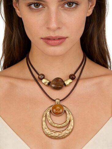 GelConnie Boho Necklaces for Women Cowgirl Necklace Stone Leather Cord Pendant Necklaces With Beads Long vintage Layered Choker Necklace in Saudi Arabia